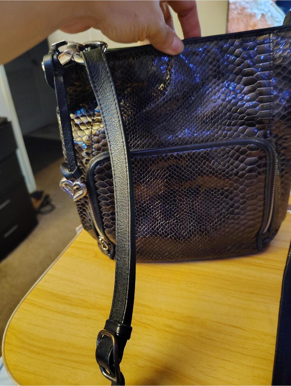 Brighton Brown Snake Embossed Leather Crossbody Organizer Purse Heart Charm